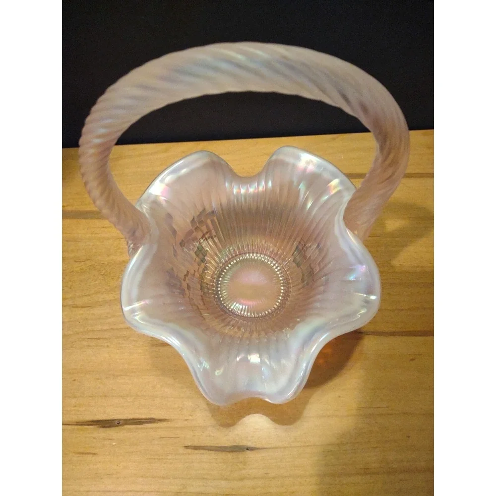 Fenton Iridescent Pink Butterfly & Daisy‎ Hand Painted Ruffed Basket